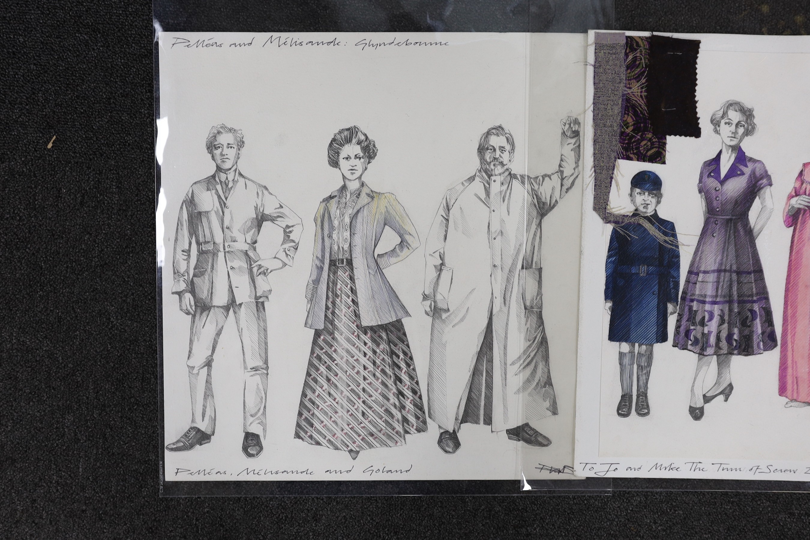 Paul Brown (1960-), pencil and wash, three costume designs for Pelléas et Melisande, Glyndebourne 1999, signed and inscribed, 40 x 38cm, unframed and 38 x 15cm, framed